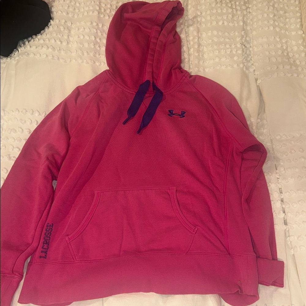 Vintage Under Armour Vibrant Pink Hoodie with purple Detail